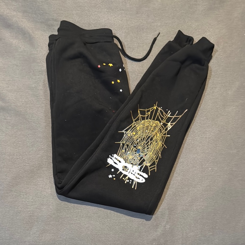 Kids Black Joggers with Gold Spider Web Design